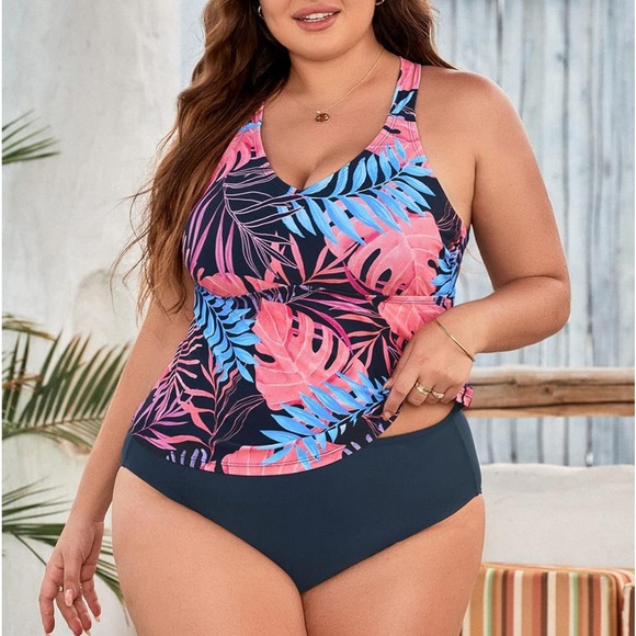 NWT CUPSHE Plus Size Tankini Bathing Suit Scoop Neck Tie Back Tropical Print - Picture 5 of 11